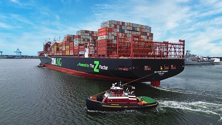 The newly arrived 6,770 horsepower tug Jane McAllister assists the ZIM Mount Everest in Hampton Roads, VA.