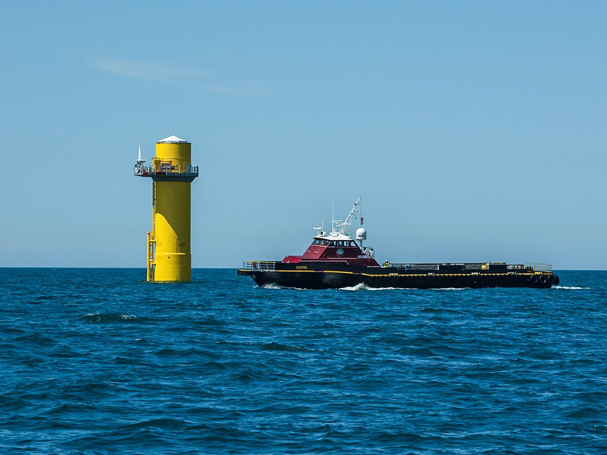The CTV Gaspee is shown next to a monopile at a new windfarm installation off the coast of Virginia.
