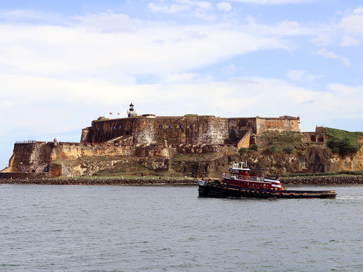 The Dorothy McAllister sails past Castillo San Felipe del Morro in San Juan, Puerto Rico