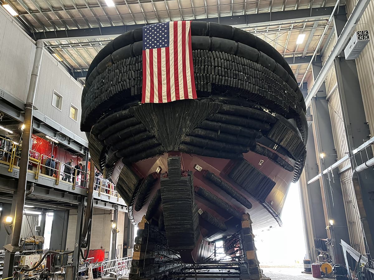 The tug Grace McAllister is prepared for launch at Washburn & Doughty.
