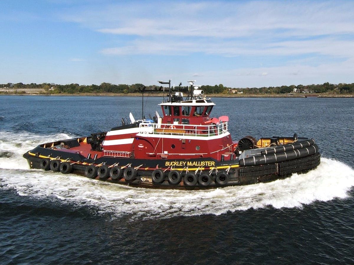 The tug Buckley plows through the waters in Providence, Rhode Island.